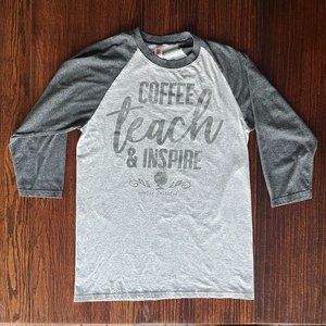 Simply Faithful "Coffee, Teach, & Inspire" 3/4 Raglan Sleeve Tee